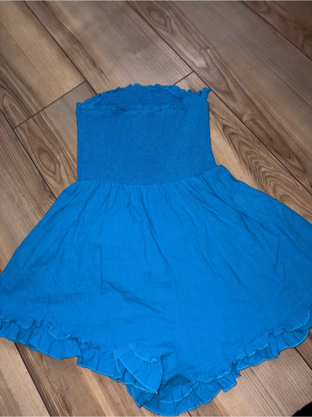 Zexxy smocked strapless blue romper with ruffled hem size small